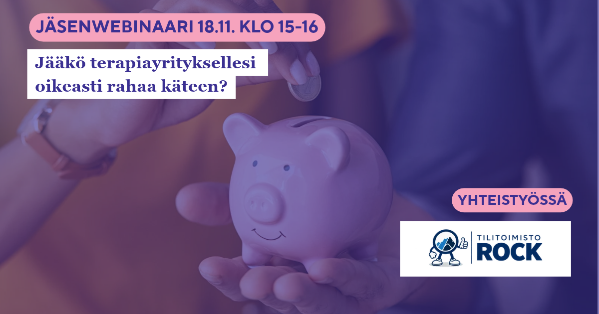 Webinaarin mainoskuva, jossa ihminen laittaa kolikon säästöpossuun, ja jossa on Tilitoimisto Rockin logo sekä webinaarin ajankohta ja otsikko.